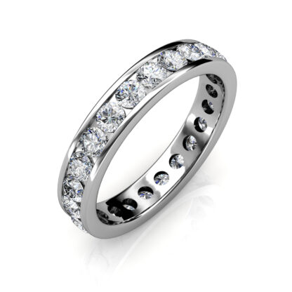 Perspective view of white gold channel-set diamond full eternity ring