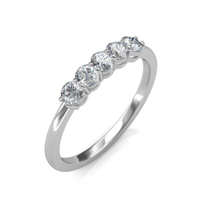 Angled view of white gold or platinum ring with five graduated diamonds in individual prongs