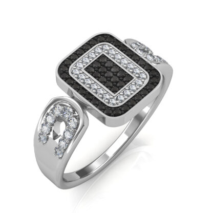 Perspective view of white gold black and white diamond halo cocktail ring