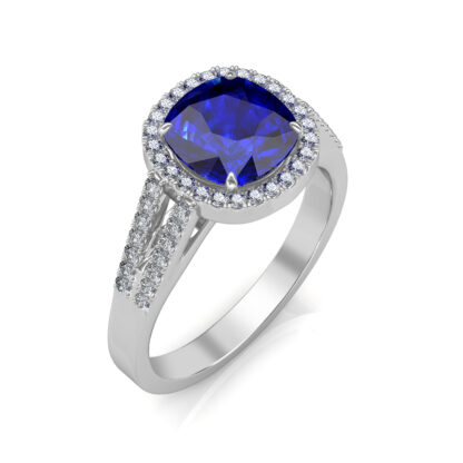 Perspective view of white gold cushion sapphire diamond halo ring