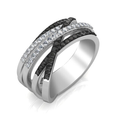 Perspective view of white gold black and white diamond crossover ring