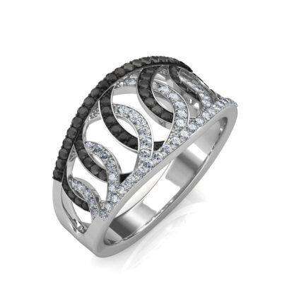 Perspective view of white gold black and white diamond weave band ring