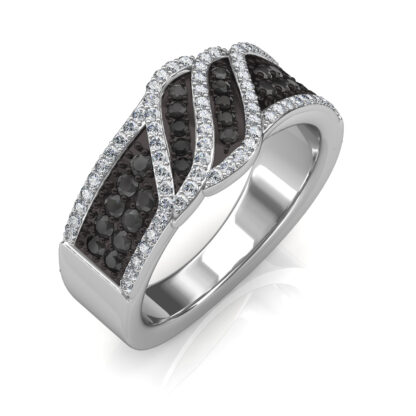 Perspective view of white gold black and white diamond ribbon twist ring