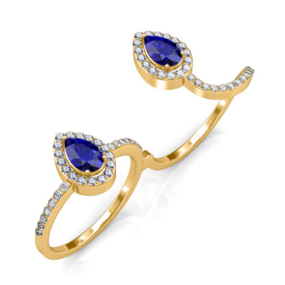 Perspective view of yellow gold sapphire two-finger ring