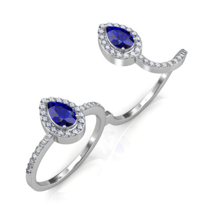 Perspective view of white gold sapphire two-finger ring