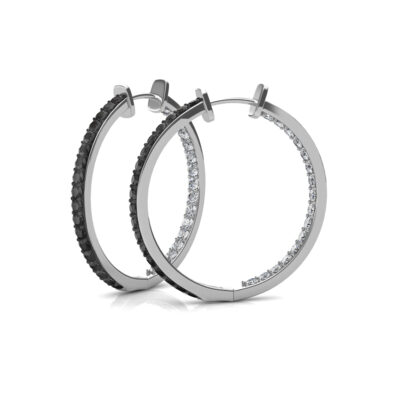 Side view of black diamond hoop earrings showing the channel-set stones