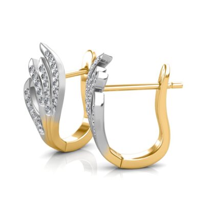 Side view of diamond flame stud earrings with the omega clip open, showing yellow gold base and white gold diamond rows