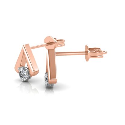 Side view of rose gold chevron stud earrings showing diamond depth and post back