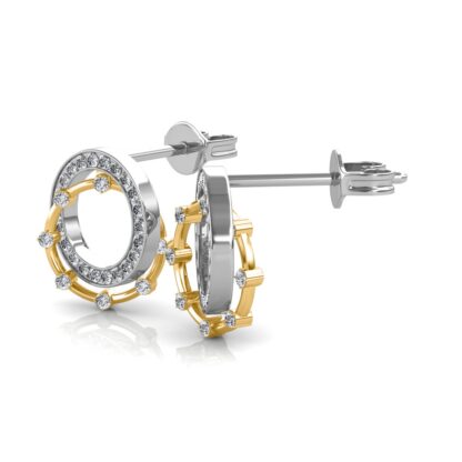 Side view of layered two-tone circle stud earrings showing white and yellow gold rings