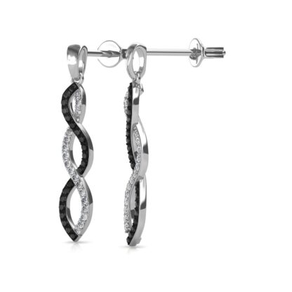 Side view of black and white diamond twist drop earrings showing the ribbon detail