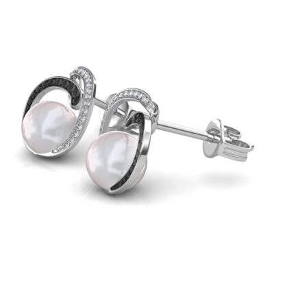 Side view of black and white diamond pearl stud earrings showing the swirl depth