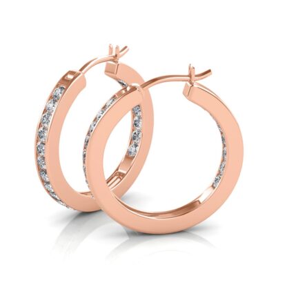 Side view of rose gold diamond hoop earrings showing the channel-set diamond band