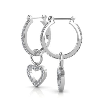 Side view of diamond hoop earrings with heart drop charm showing the click-close hinge