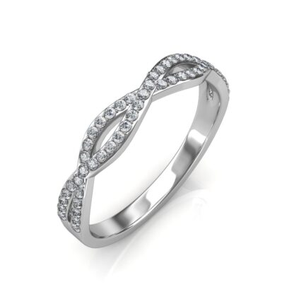 Perspective view of white gold twisted infinity diamond band
