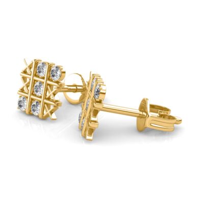 Side view of yellow gold crisscross diamond stud earrings showing stone depth