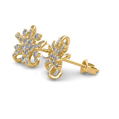 Side view of yellow gold flower stud earrings showing layered petal depth