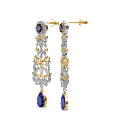 Side view of two-tone sapphire diamond chandelier earrings showing the post and sapphire drops