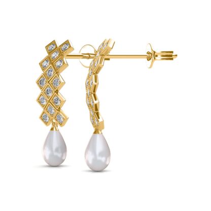 Side view of yellow gold diamond tile stud earrings showing the pearl drop depth