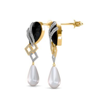 Side view of black onyx diamond pearl drop earrings showing layered depth