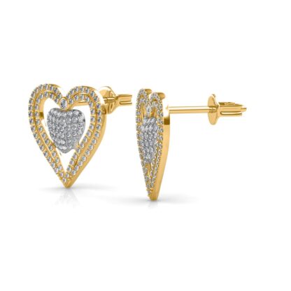 Side view of yellow gold nested diamond heart stud earrings showing depth