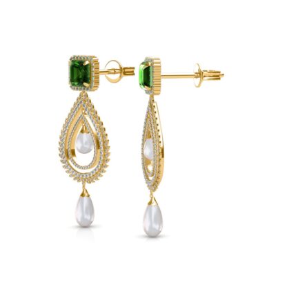 Side view of emerald diamond pearl chandelier earrings showing the teardrop frame