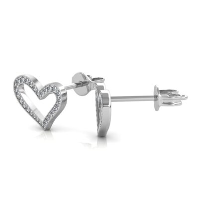 Side profile of open heart diamond stud earring showing pave-set diamond depth