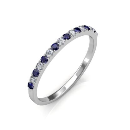 Perspective view of white gold half eternity band with alternating blue sapphires and diamonds