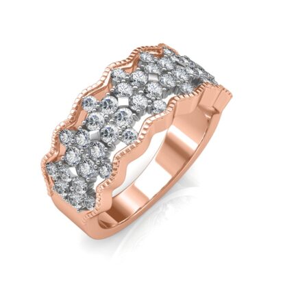 Perspective view of rose gold scalloped diamond lace band ring