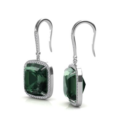 Side view of green gemstone diamond drop earrings showing the halo depth