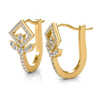 Side view of yellow gold diamond square leaf stud earrings showing depth