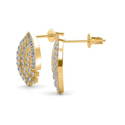 Side view of yellow gold diamond spiral stud earrings showing layered depth