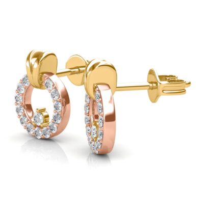 Side view of two-tone diamond circle stud earrings showing the floating diamond
