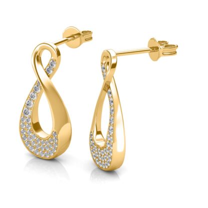 Side view of yellow gold diamond infinity loop earrings showing pave depth