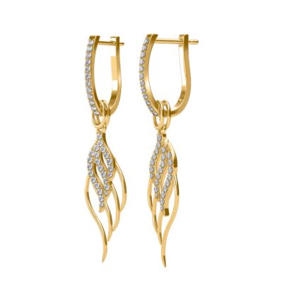 Side view of yellow gold diamond feather drop earrings showing the tendril detail