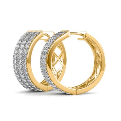 Side view of yellow gold triple row diamond hoop earrings showing row detail