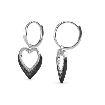 Side view of black and white diamond open heart earrings showing outline depth