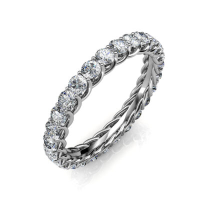 Perspective view of white gold or platinum U-prong full eternity ring with twisted gallery