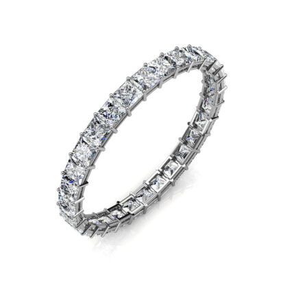 Perspective view of white gold or platinum princess cut diamond full eternity ring