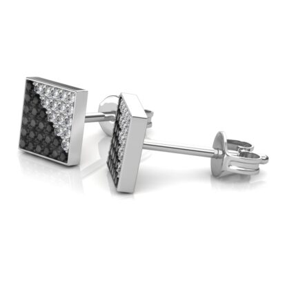 Side view of black and white diamond square stud earrings showing stone depth