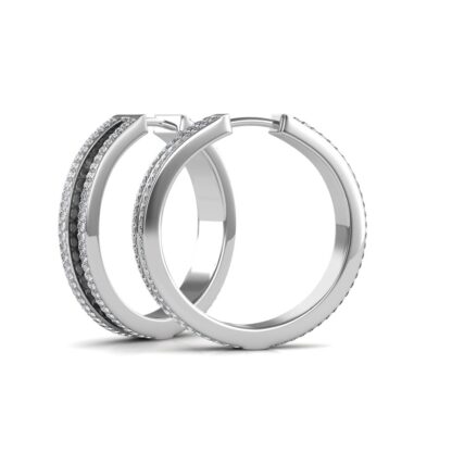 Side view of black and white diamond channel hoop earrings showing row detail