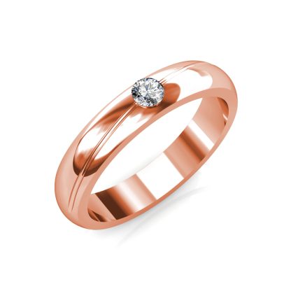 Perspective view of rose gold flush-set diamond solitaire domed band