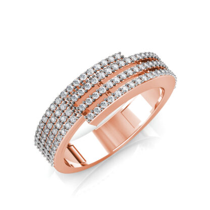 Perspective view of rose gold four row pave diamond bypass band