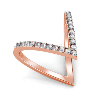 Perspective view of rose gold elongated V pave diamond ring