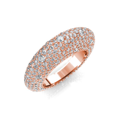 Perspective view of rose gold full pave diamond dome ring
