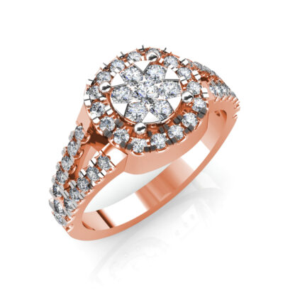 Perspective view of rose gold illusion cluster halo split shank ring