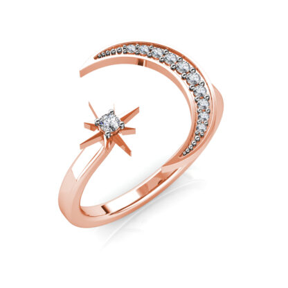 Perspective view of rose gold crescent moon and star diamond ring