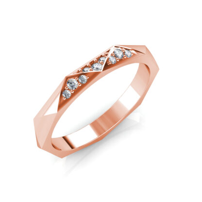 Perspective view of rose gold faceted geometric diamond band