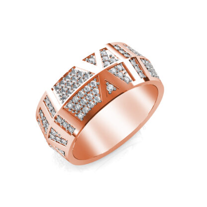 Perspective view of rose gold wide pave diamond panel band