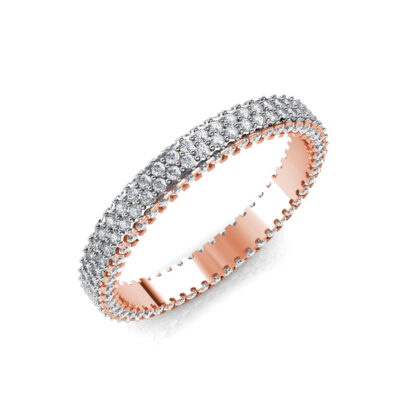 Perspective view of rose gold triple row pave diamond eternity band