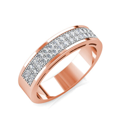 Perspective view of rose gold wide two-row pave diamond slotted band